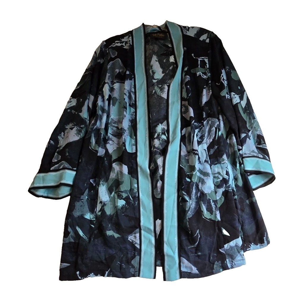 Bob Mackie Women's Size Small Open Front 2 Pocket Kimono Top Blue Green Floral